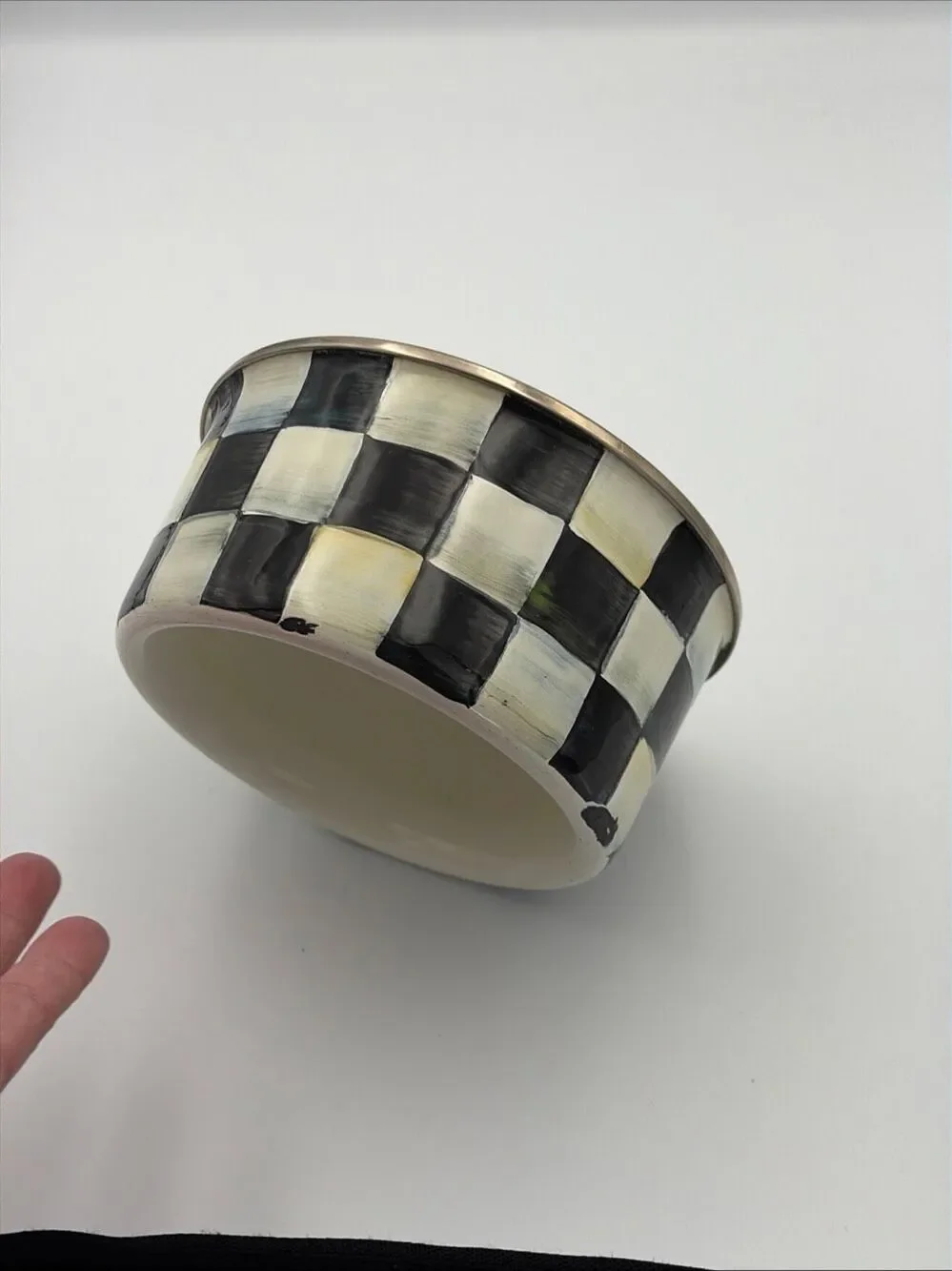 Mackenzie Childs Courtly Check Enamel Pet Dish EUC